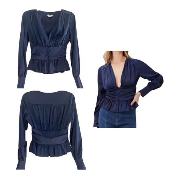 JASON WU NWT Navy Blue Satin Long Sleeve Blouse - Picture 1 of 10